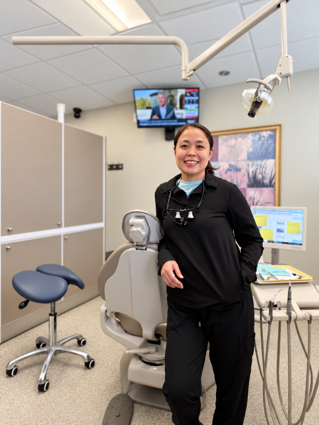 Smiling dental professional beside a treatment chair at Burnaby South Dental